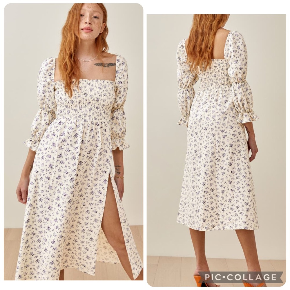 NWT Reformation Hyland Smocked Puff Sleeve Dress in Gracie Blue Floral Linen